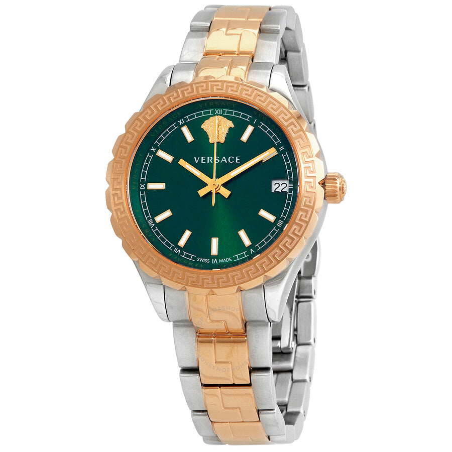 Versace V1205 ladies watch with green dial, rose gold bezel, and two-tone bracelet
