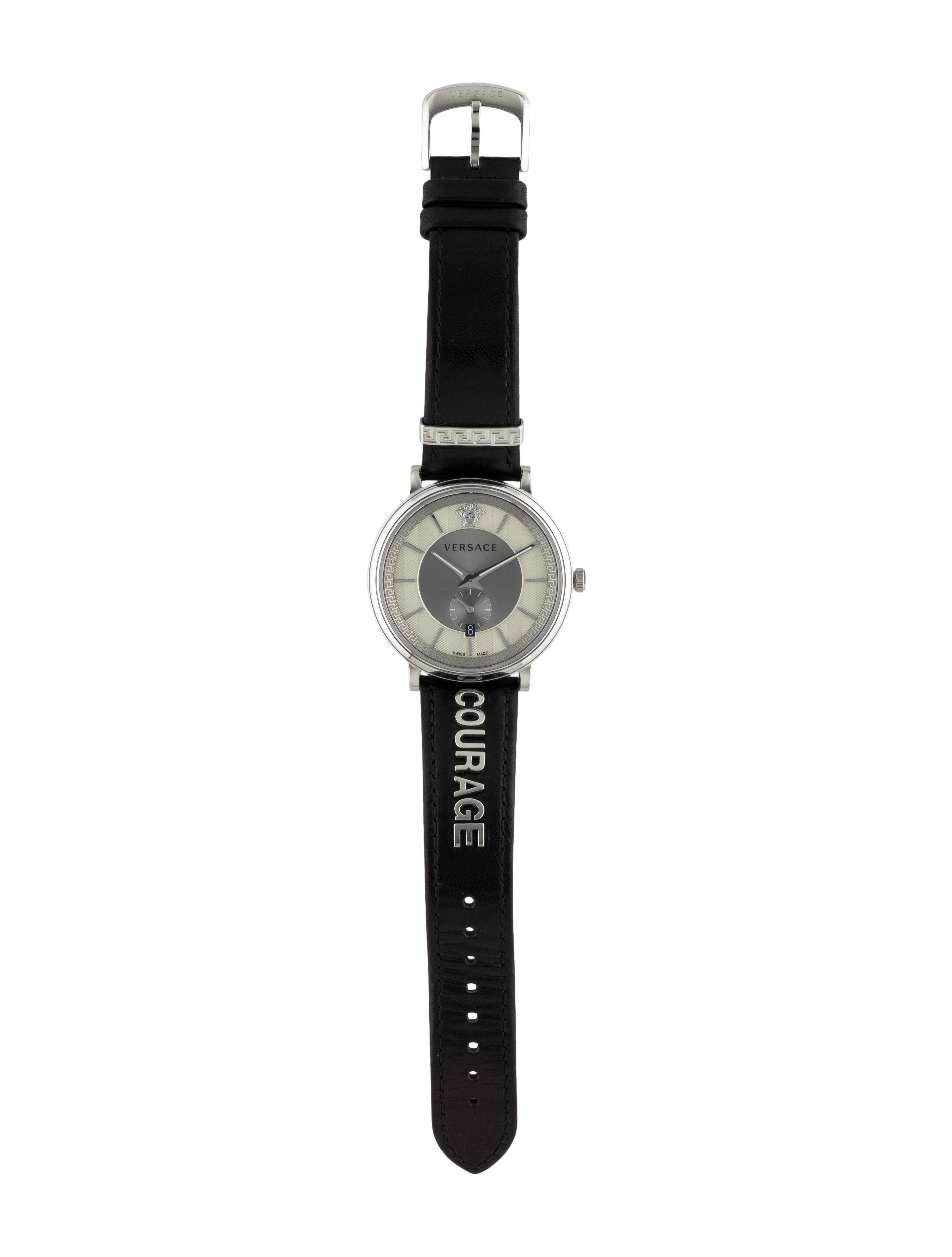 Versace watch displayed on side showing profile of case and black leather strap