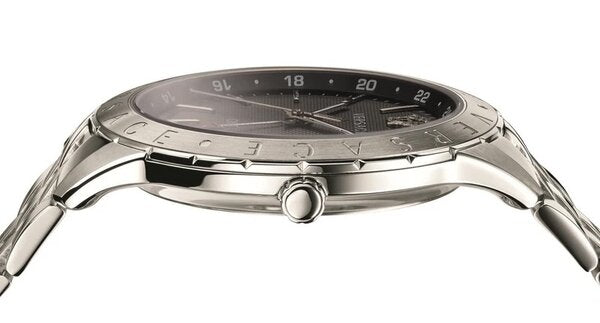 Side profile of Versace VEBK00418 showing case and silver steel bracelet