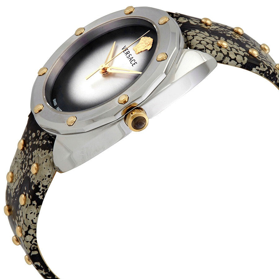 Versace 38mm watch angled view with silver dial, gold hands, and metallic leather strap