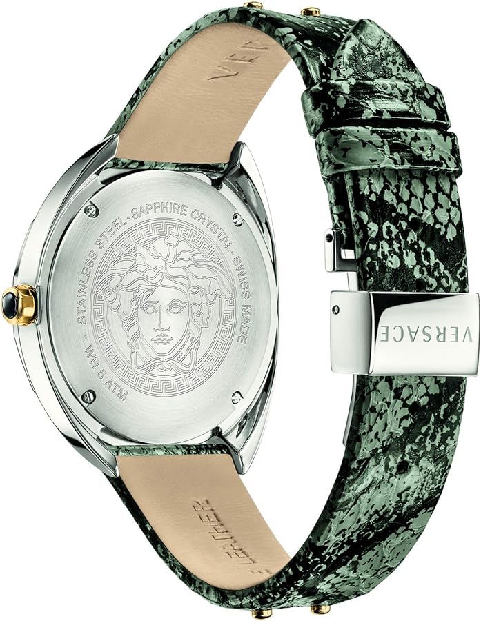 Versace women's quartz watch on wrist showing green metallic leather strap and silver case