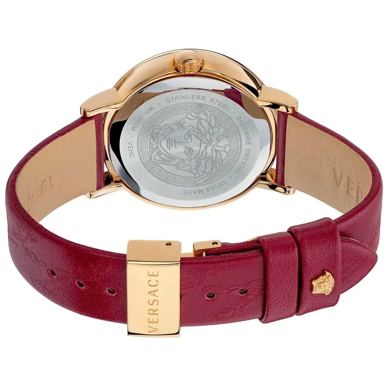 Back view of Versace watch showing stainless steel caseback with engraved details and maroon strap