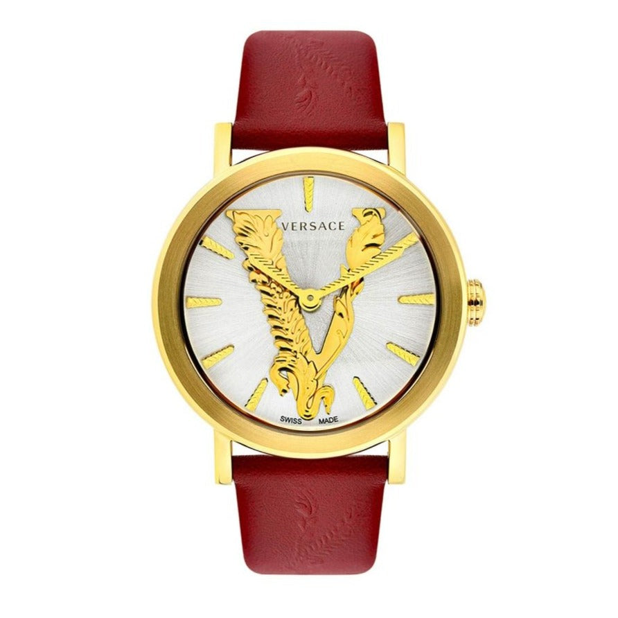 Front view of Versace watch with white dial, gold hour markers, and Versace signature logo