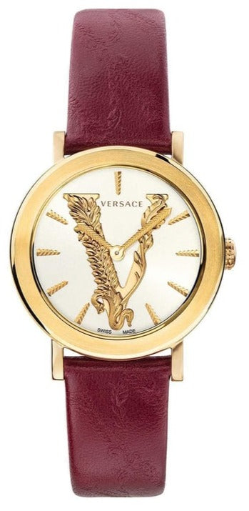 Versace women's quartz watch with 36mm gold case, white dial, gold Versace logo, and maroon leather strap