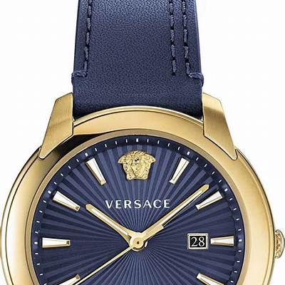 Close-up of Versace V-Urban watch dial with sunburst pattern, indices, and date window