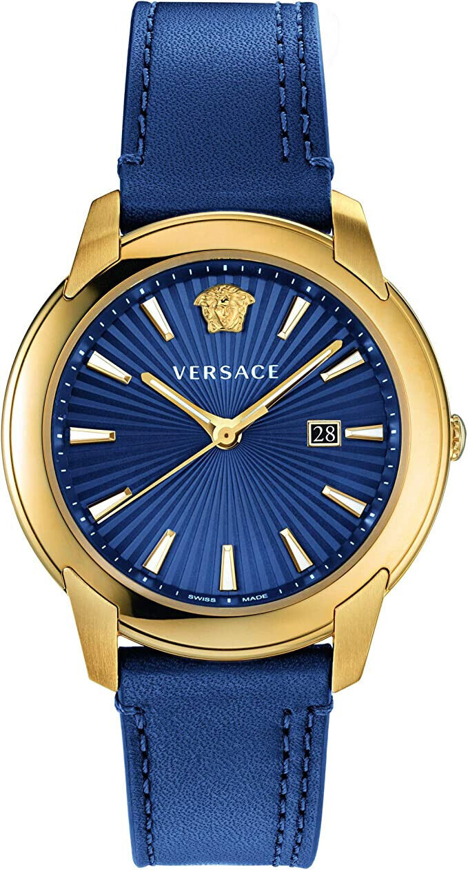 Versace V-Urban watch with blue sunburst dial, gold-tone case, and blue leather strap