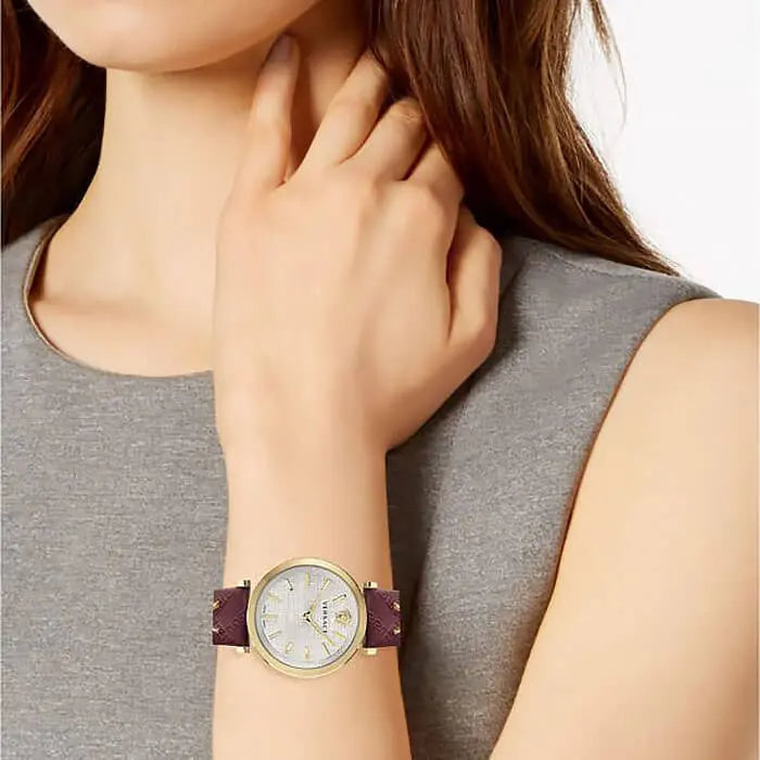 Versace V-Twist VELS00519 worn on wrist showing silver dial and purple leather band