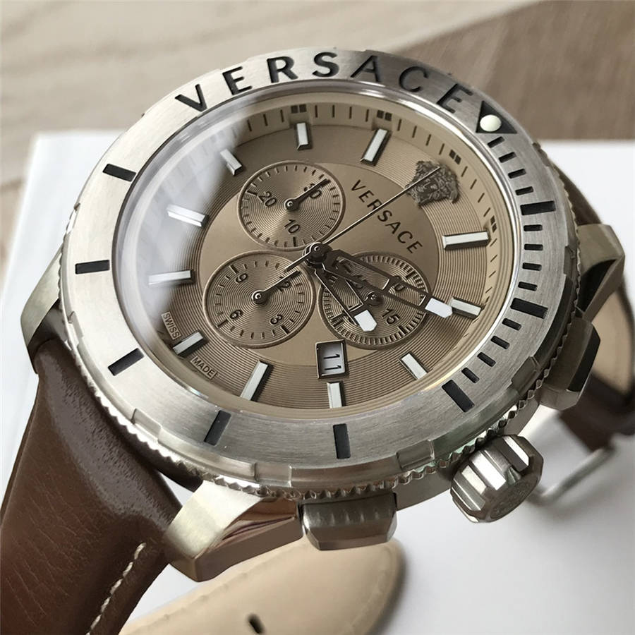 Versace Casual Chronograph chronograph watch at angle displaying grey dial with date window and leather strap detail