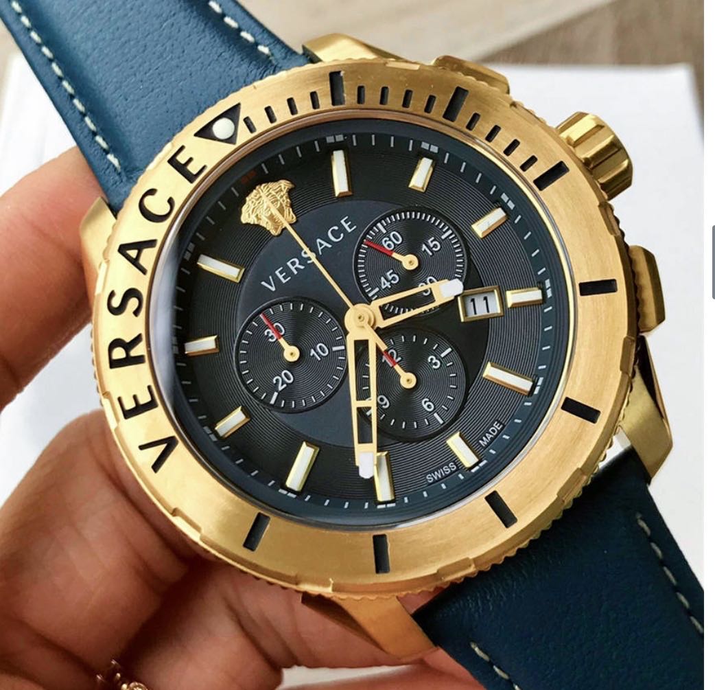 Versace VERG003-18 chronograph watch with gold case and black leather strap angled view