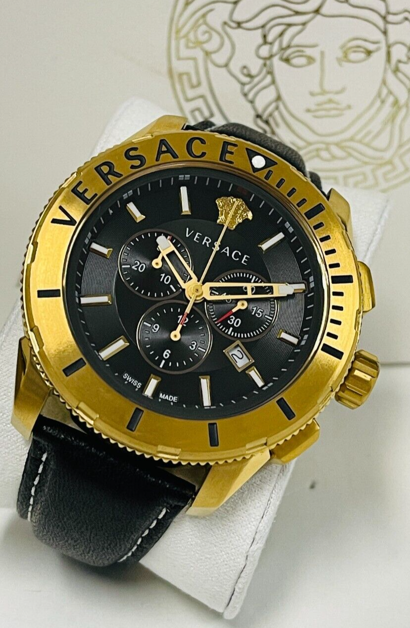 Versace VERG003-18 casual chronograph watch displayed with Medusa logo background