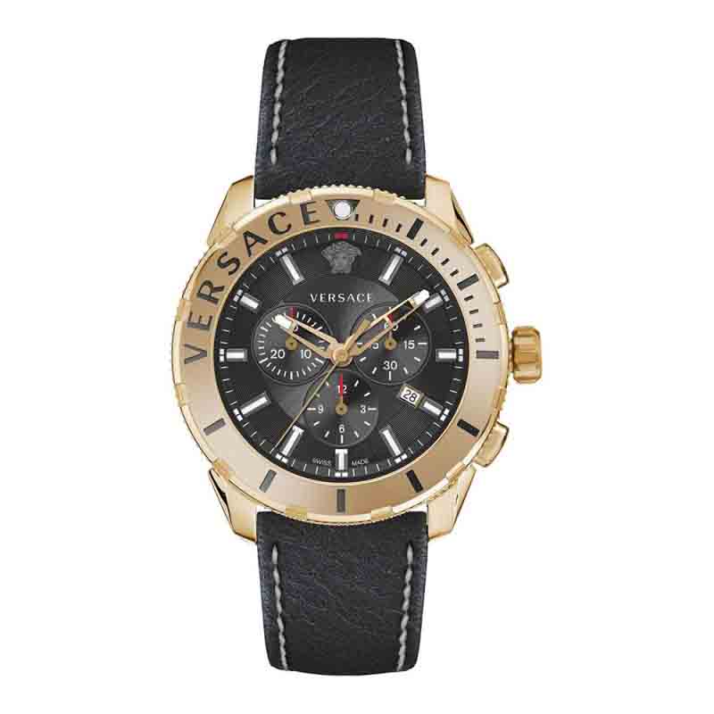 Versace VERG003-18 chronograph with gold bezel, black dial, and three chronograph subdials