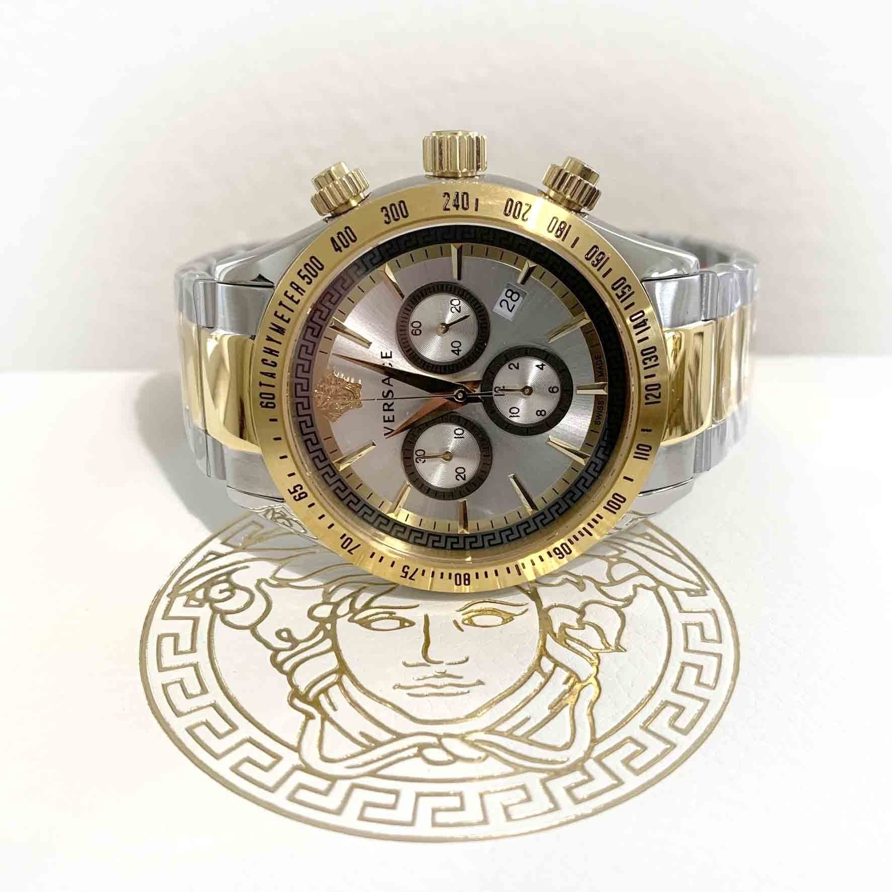 Versace chronograph watch on Versace branded box with gold Medusa medallion design
