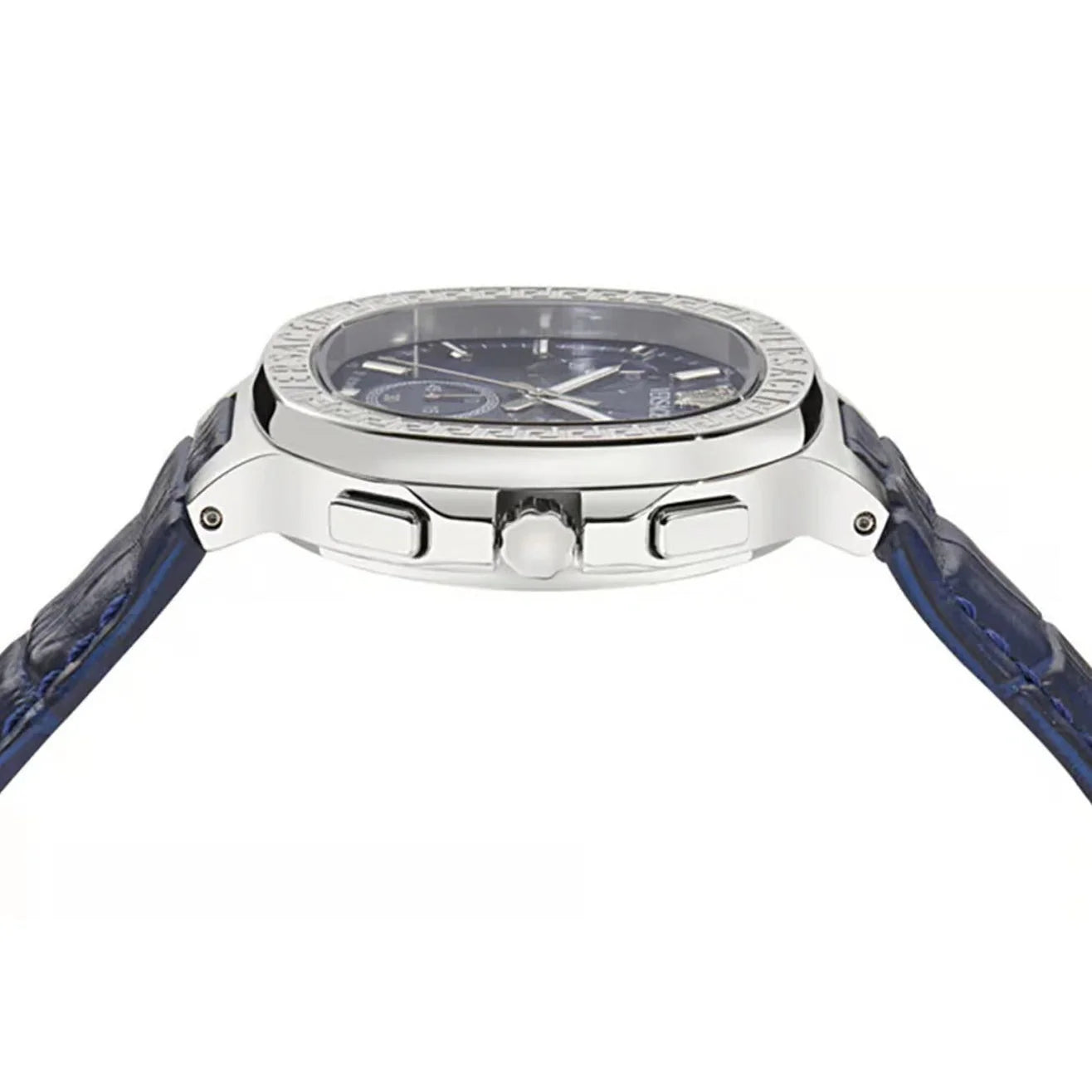 Top-down view of Versace V-Lady Chrono Square showing stainless steel case, chronograph subdials and blue leather strap