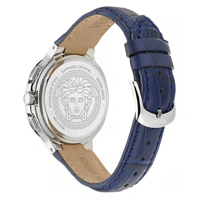 Caseback view of Versace V-Lady Chrono Square displaying Medusa engraving, sapphire crystal and navy crocodile-embossed leather strap