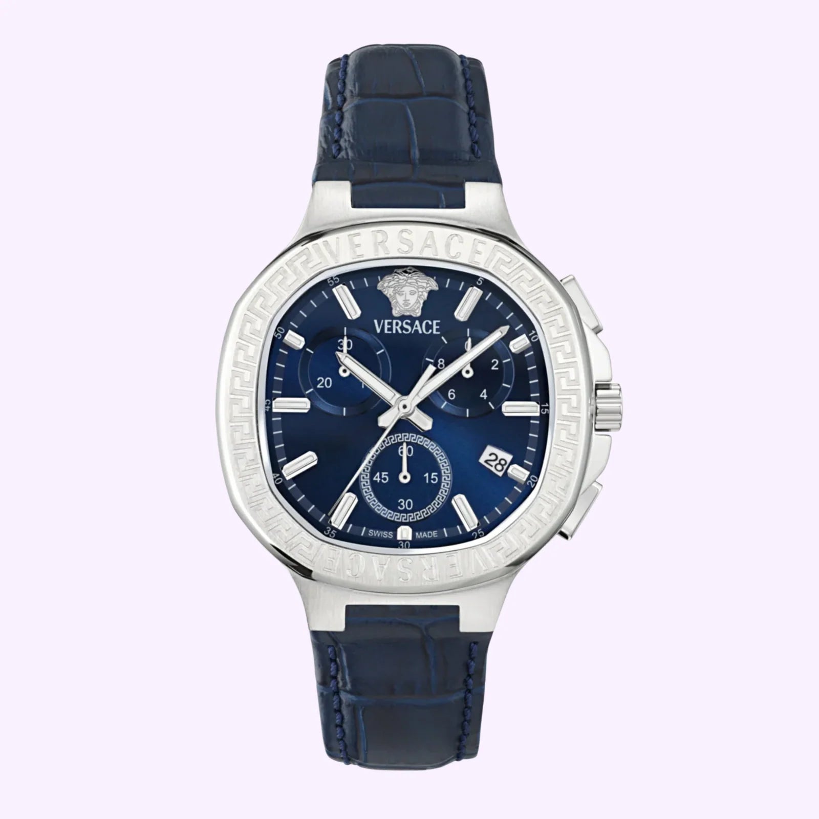 Versace V-Lady Chrono Square stainless steel watch with navy blue chronograph dial and navy leather strap