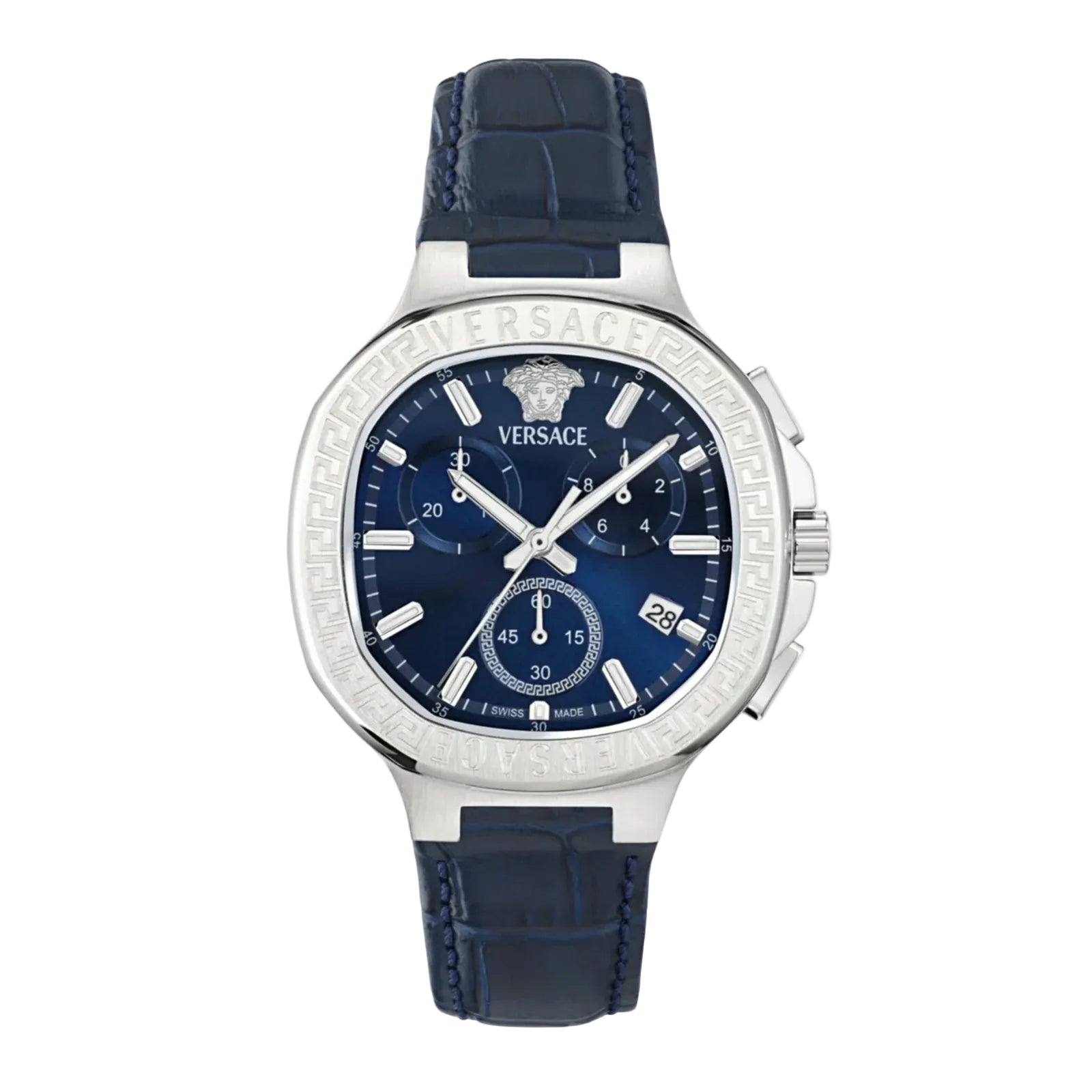 Versace V-Lady Chrono Square stainless steel watch with navy blue chronograph dial and navy leather strap