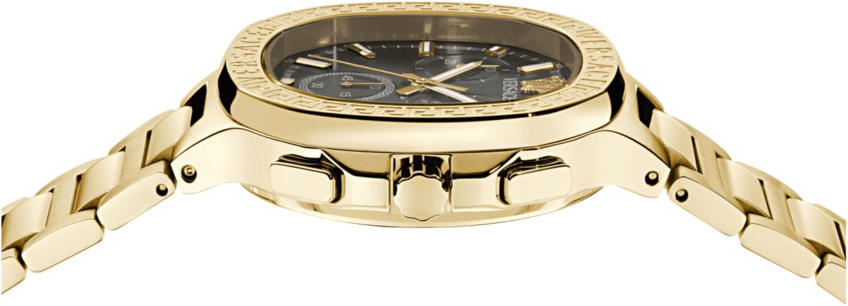Side angle view of Versace V-Code square chronograph watch showing case profile and gold tone bracelet links