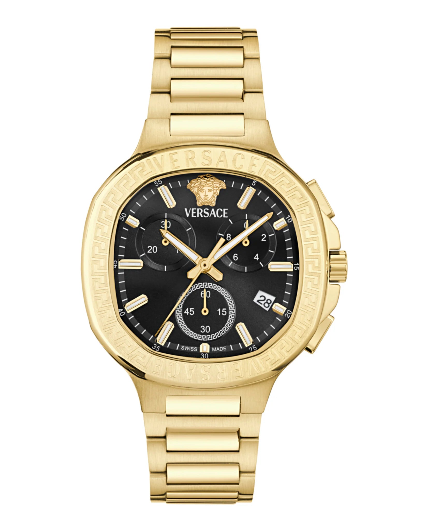Versace V-Code square chronograph watch with gold tone stainless steel case and bracelet, black dial, and chronograph subdials
