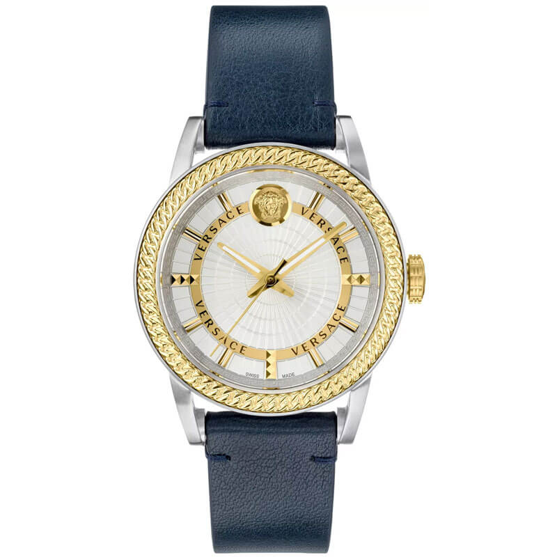 Versace Viamond quartz watch with white dial, two-tone case, gold bezel, and blue leather strap