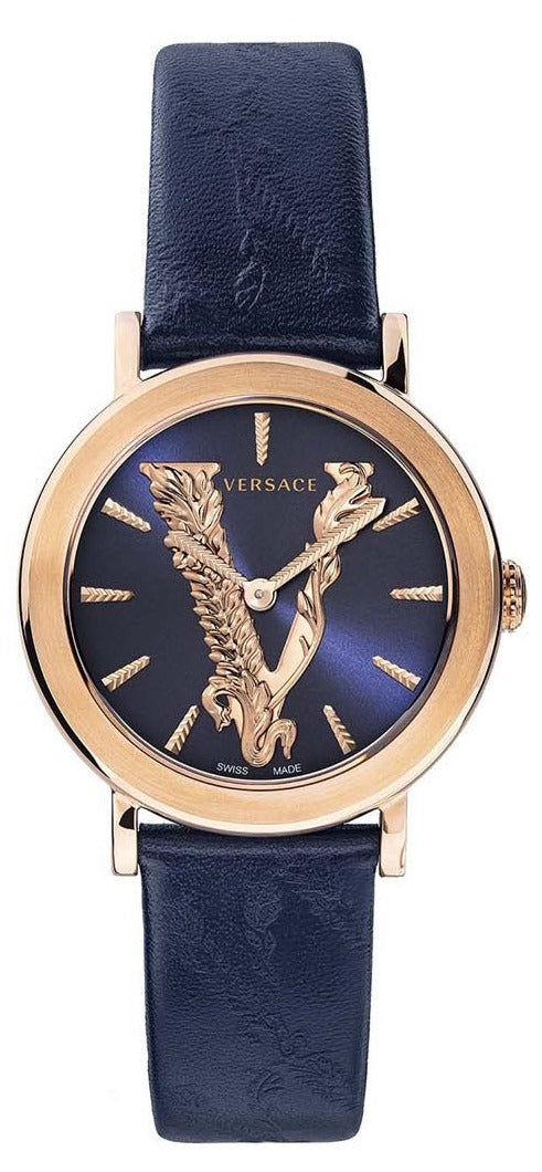 Versace Virtus blue dial watch with rose gold case and navy leather strap, front view