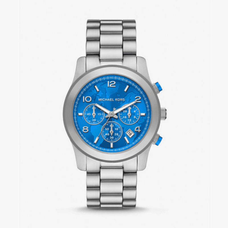 Silver-tone oversized chronograph watch with blue dial and three subdials, silver link bracelet