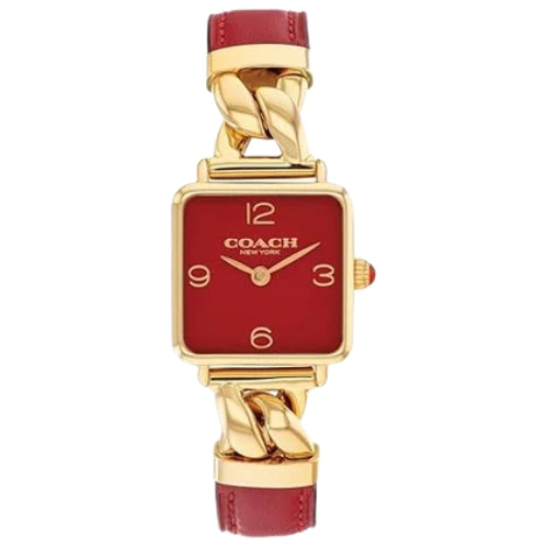 Coach Cass Red Leather Strap Gold-Tone Square Analog Women's Watch - 14504358
