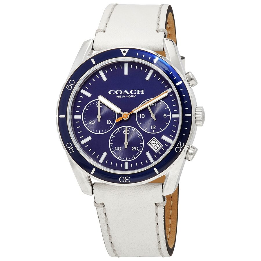 Coach Thompson chronograph men's watch with blue dial and white leather strap