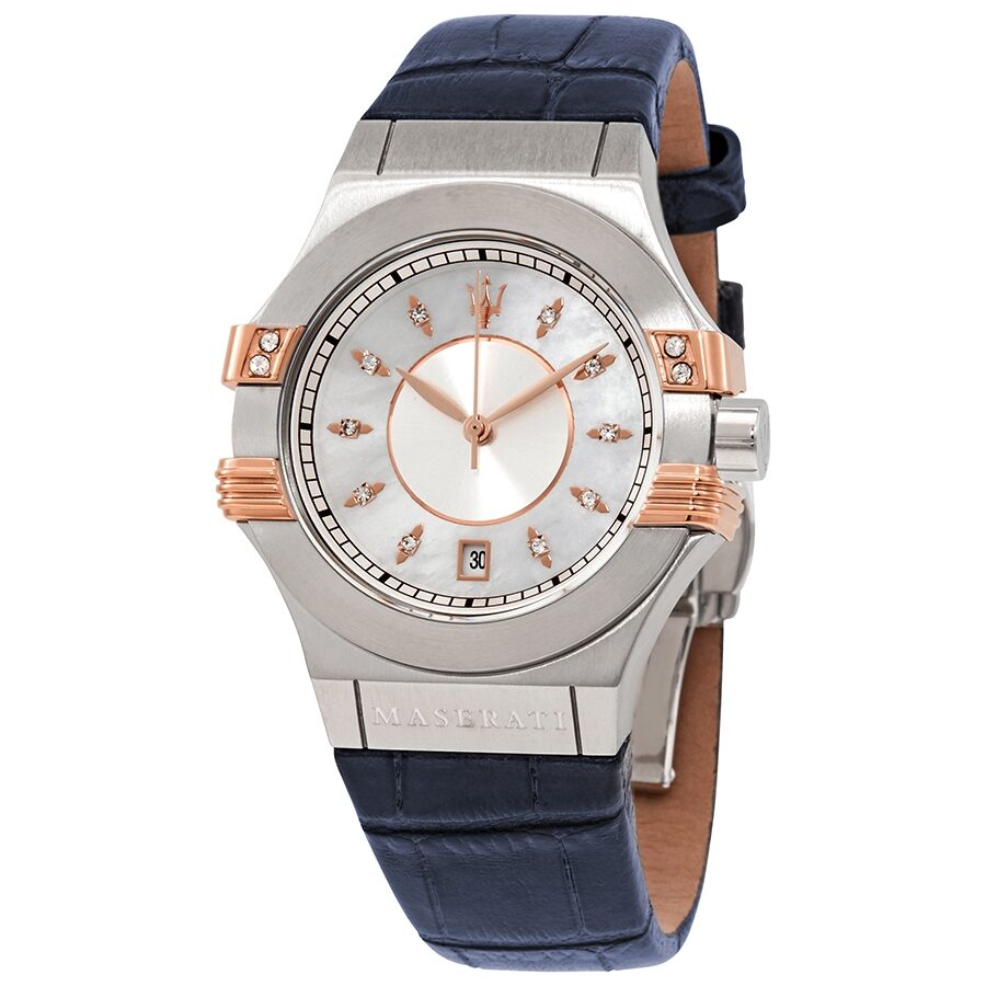 Maserati Potenza Diamonds Silver Dial Blue Leather Strap Watch For Women - R8851108502