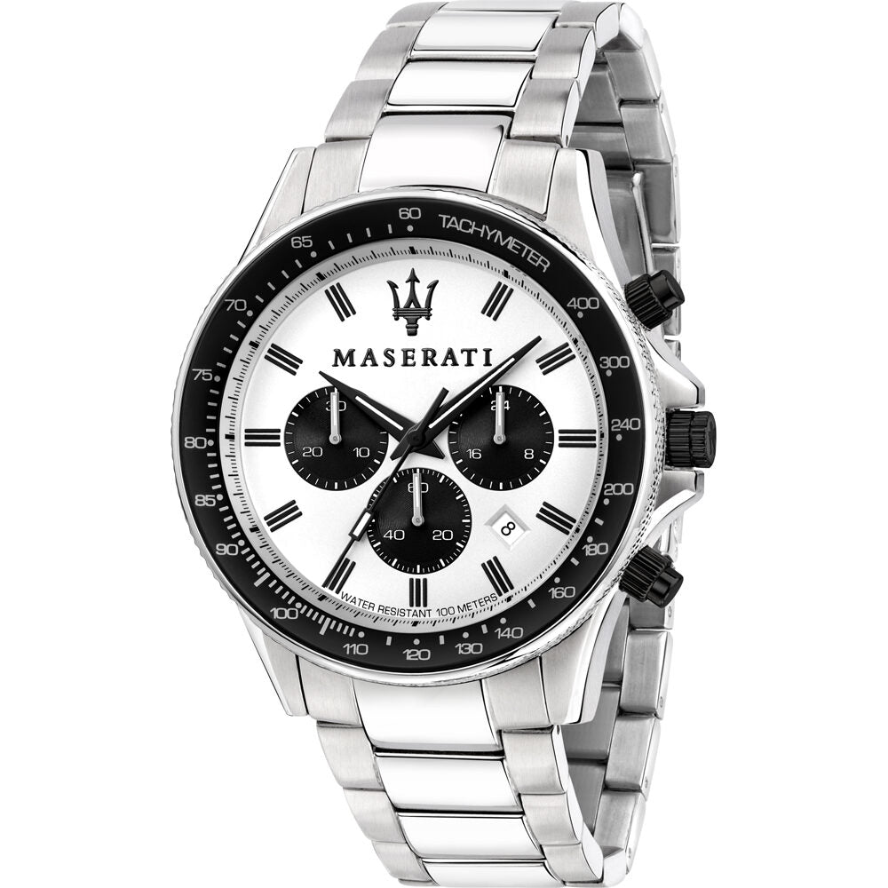 Maserati Sfida chronograph watch with white dial, black subdials, stainless steel case and bracelet