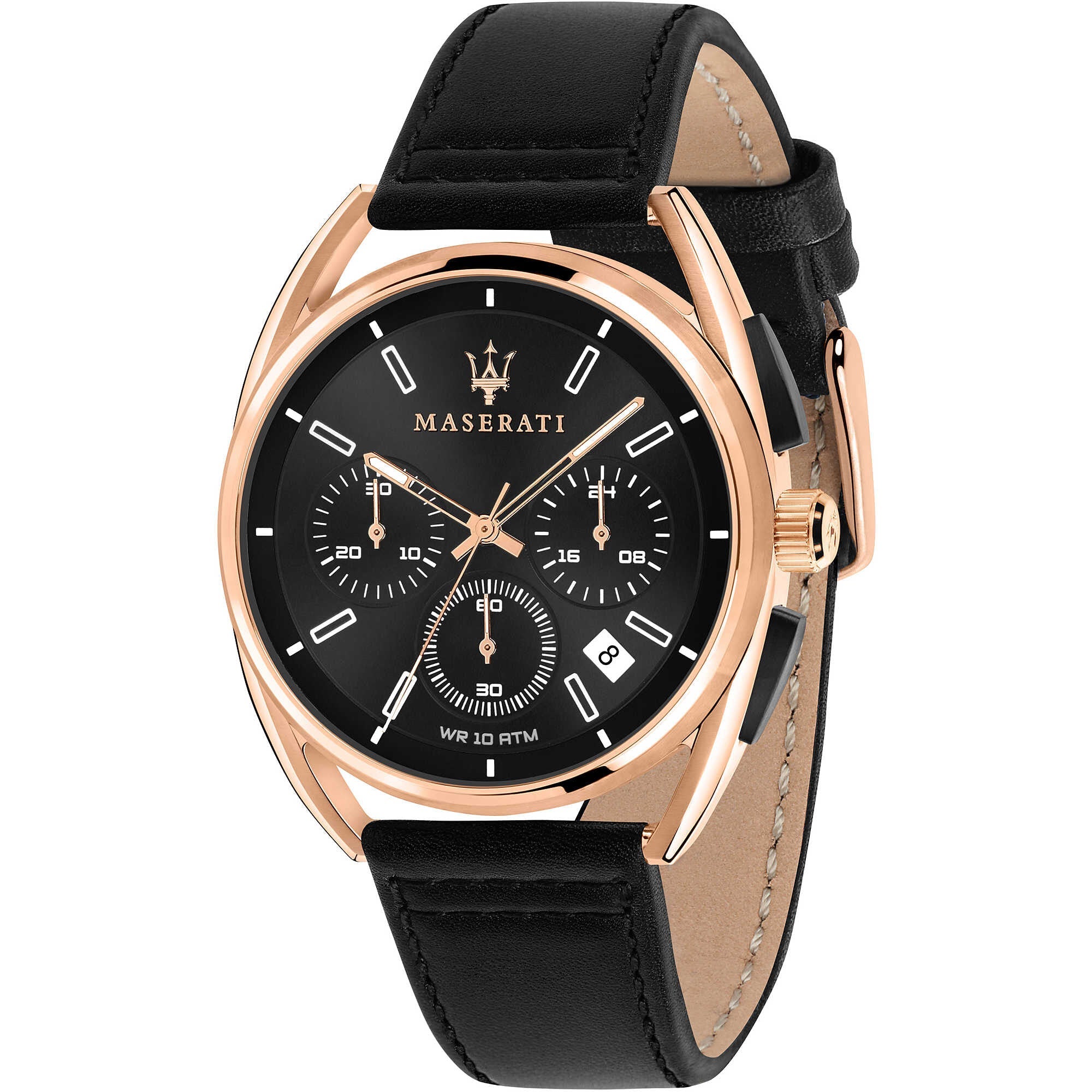 Maserati Trimarano chronograph watch with black dial, rose gold case and black leather strap