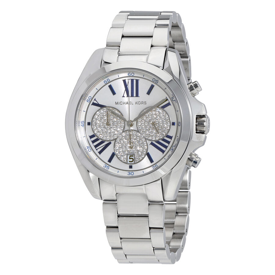 Michael Kors Bradshaw silver stainless steel watch with crystal pave chronograph dial and Roman numerals