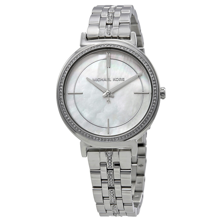 Michael Kors Cinthia silver stainless steel ladies watch with mother of pearl dial and crystal bezel