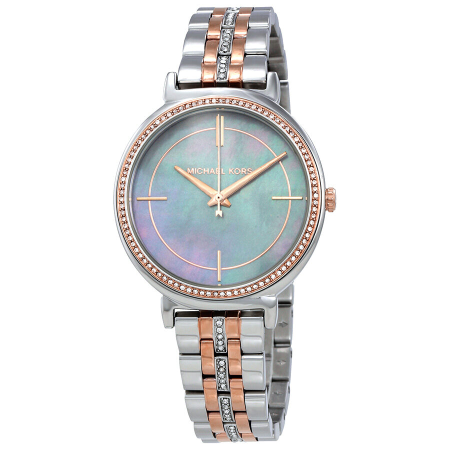Michael Kors Cinthia ladies watch with grey mother-of-pearl dial and crystal-set bezel on two-tone bracelet