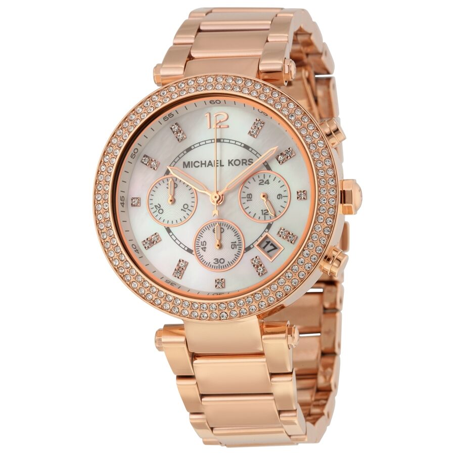 Michael Kors Parker rose gold chronograph watch with crystal-set bezel and white dial featuring three subdials
