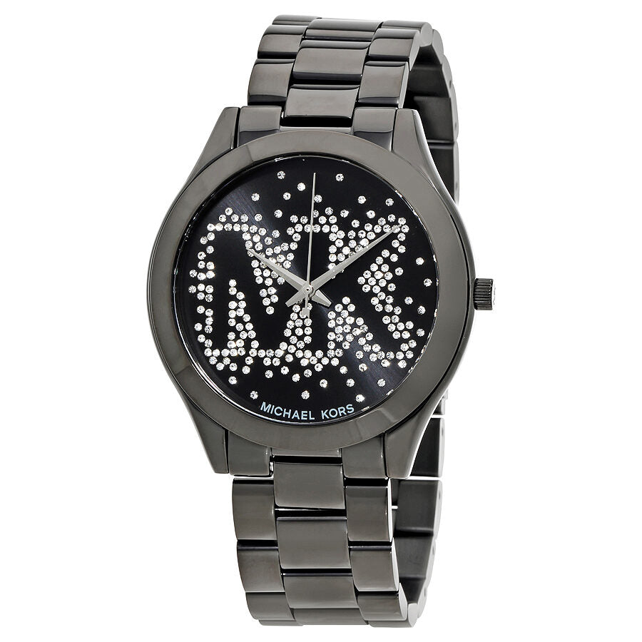 Michael Kors Slim Runway watch with black dial and crystal markers, gunmetal stainless steel bracelet