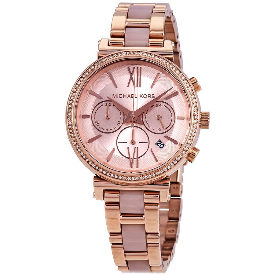 Michael Kors Sofie rose gold chronograph watch with rose dial and diamond bezel