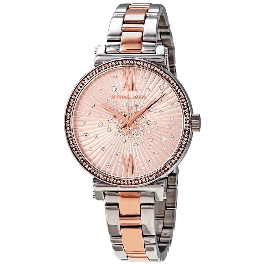 Michael Kors Sofie rose gold dial quartz watch with crystal bezel and two-tone bracelet