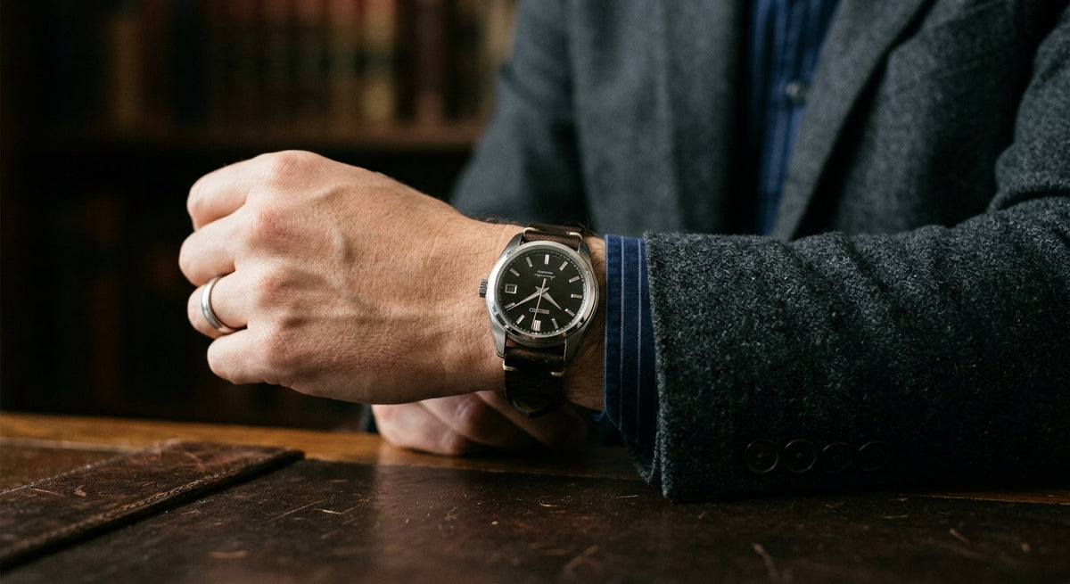 A man showcasing a stylish watch on his wrist, highlighting its design and elegance.