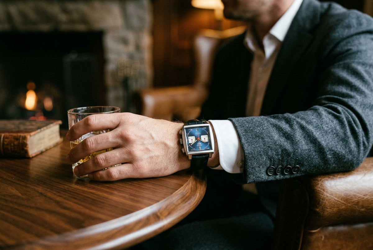 A man in a suit sits at a table, holding a glass of whiskey, exuding a sophisticated and relaxed demeanor.