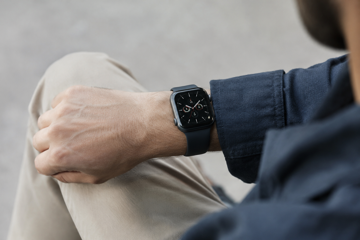 A man wearing an Apple Watch sits on a bench, looking relaxed in a park setting.
