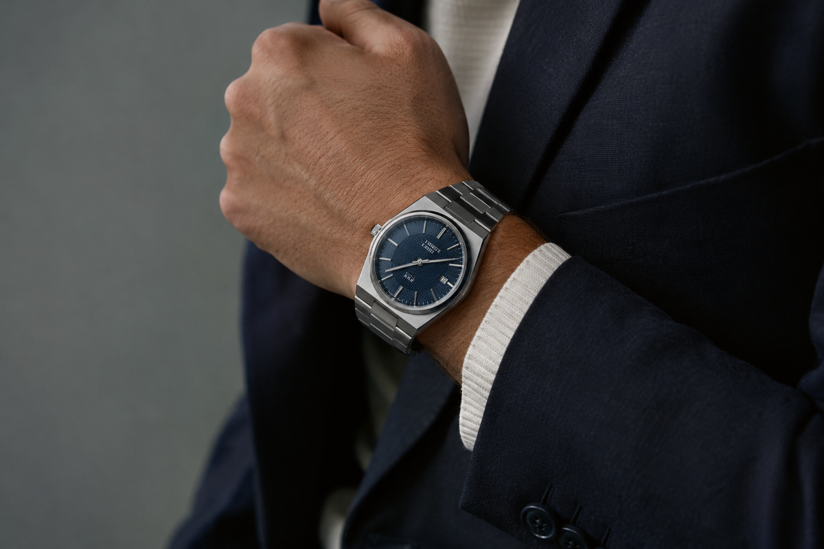 A man in a suit is wearing a stylish watch on his left wrist, showcasing a professional appearance.
