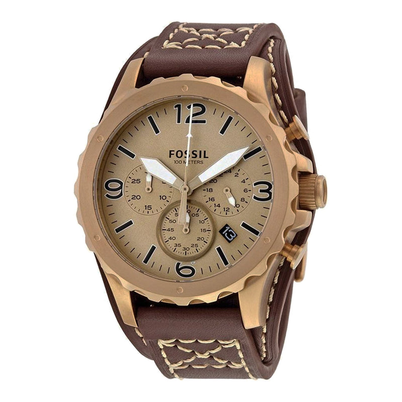 Fossil Nate Chronograph Gold Dial Brown Leather Men's Watch JR1495