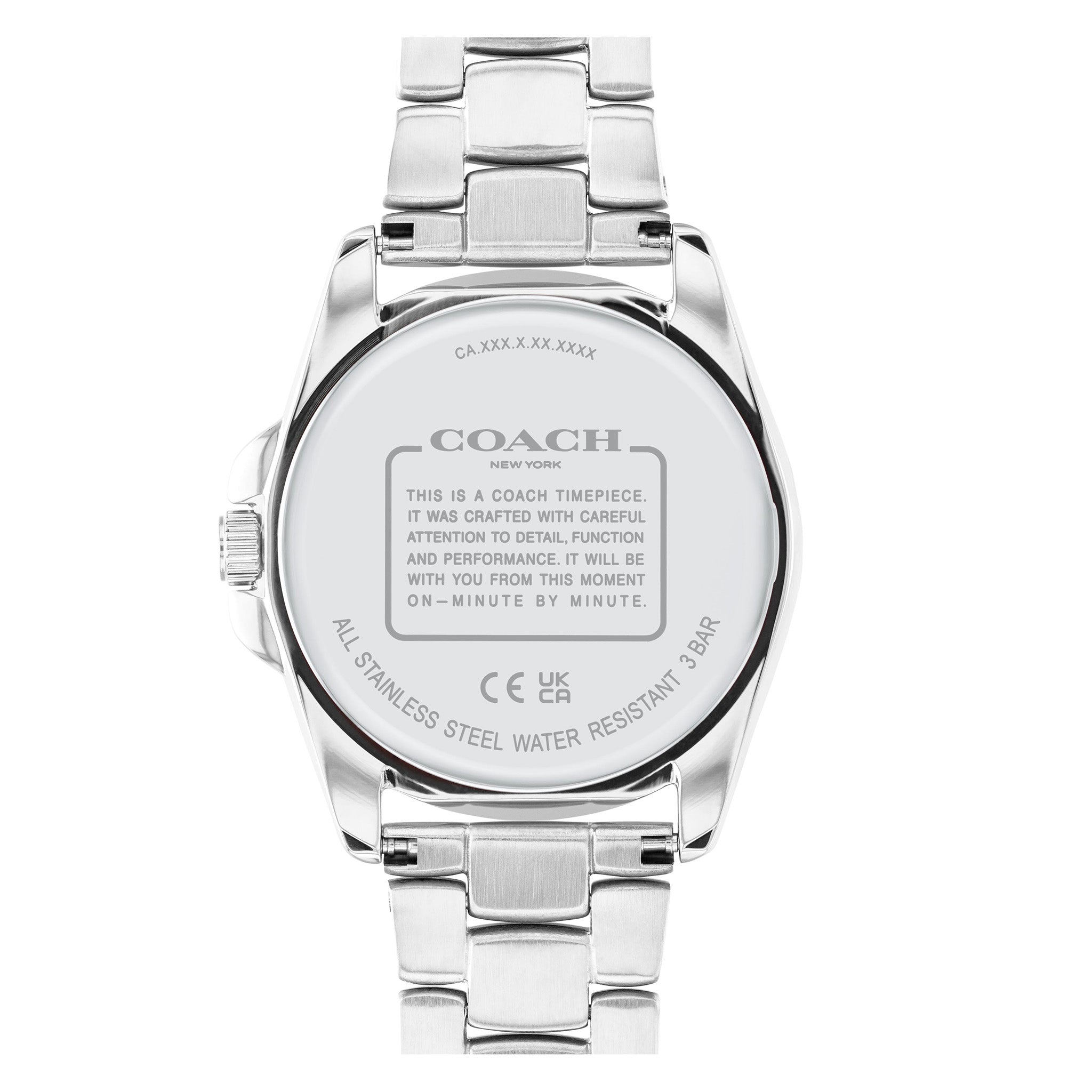 Coach Greyson caseback engraved with Coach branding, New York marking, and water resistant specifications