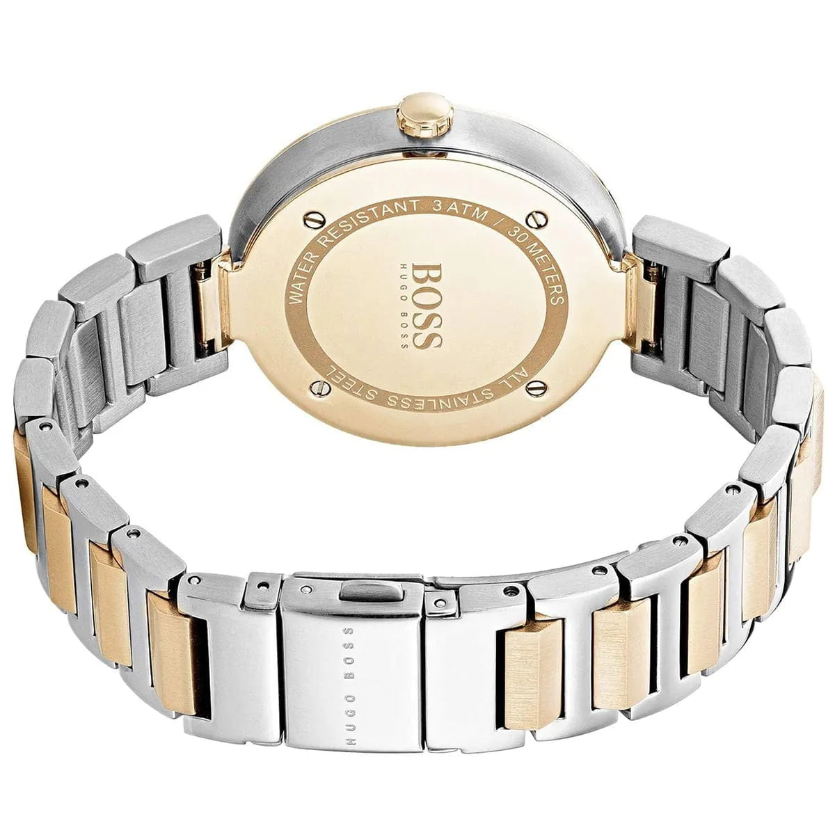 Hugo Boss Allusion watch caseback showing rose gold case with stainless steel two-tone bracelet