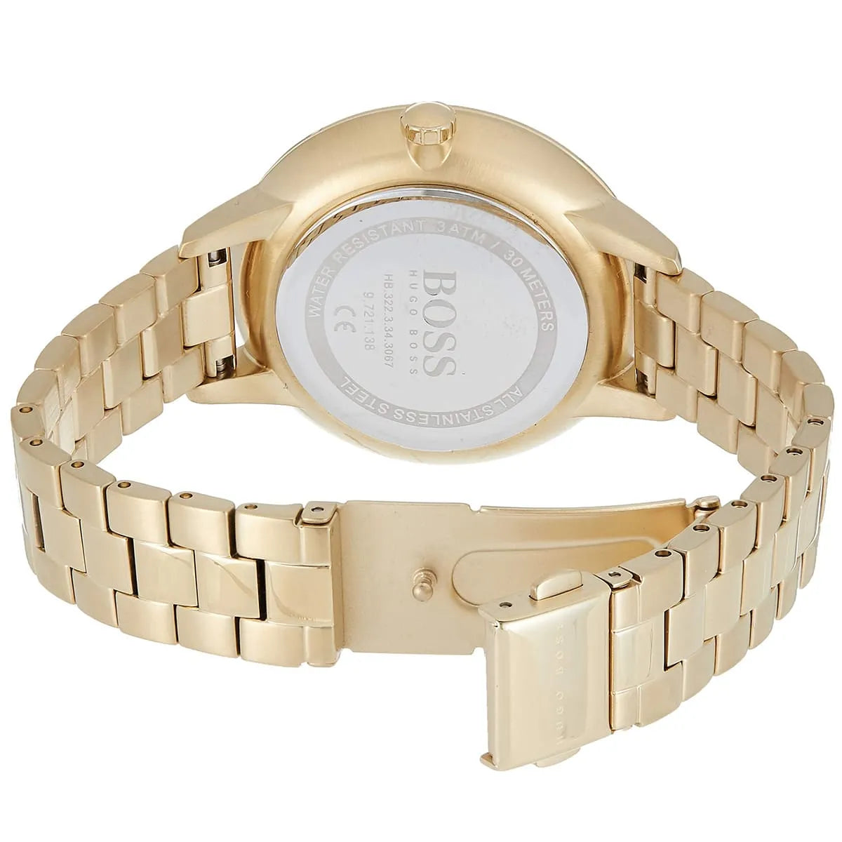 Hugo Boss Symphony watch caseback detail showing white caseback with BOSS branding and gold-tone metal case