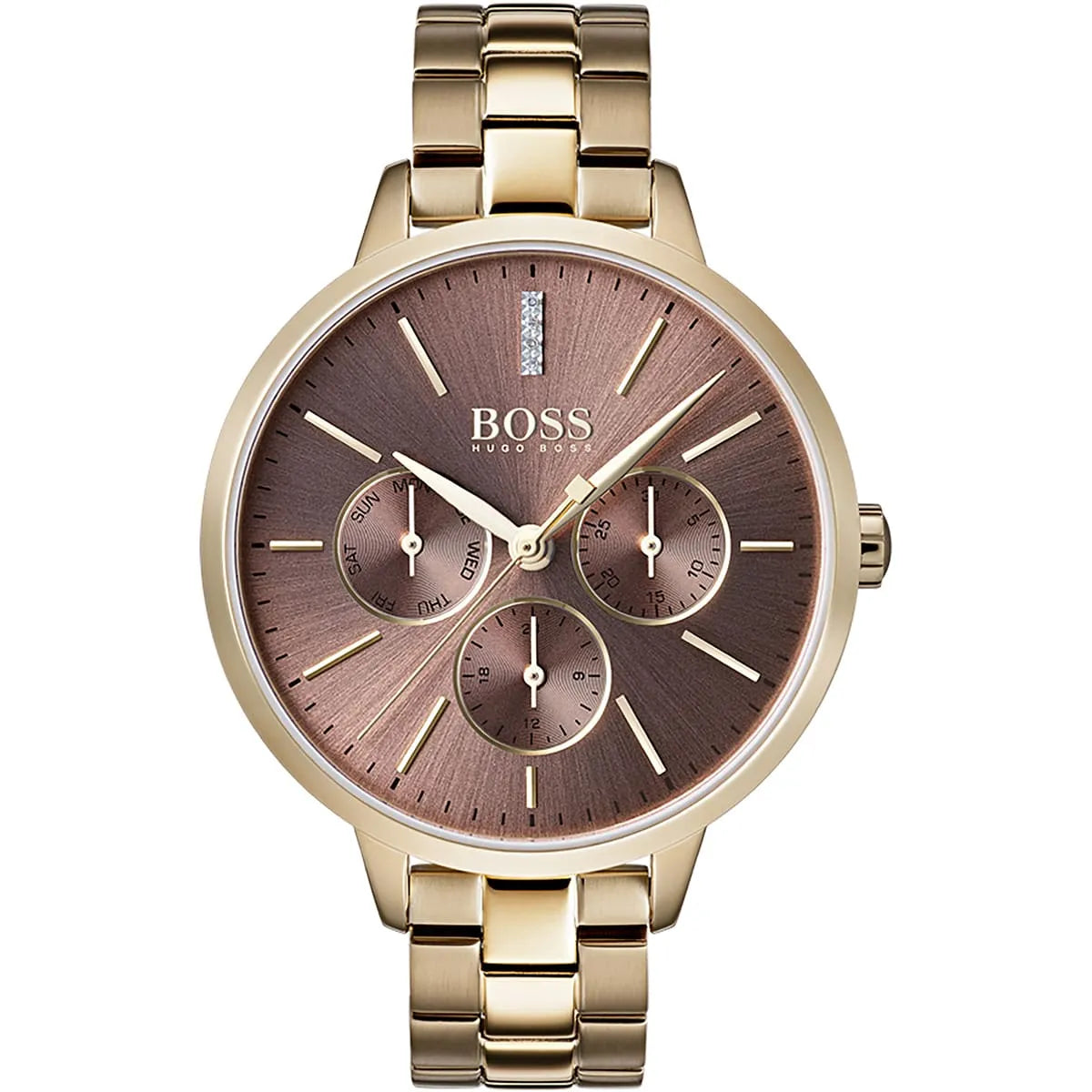 Hugo Boss Symphony ladies watch with brown dial and three subdials, gold-tone stainless steel case and bracelet