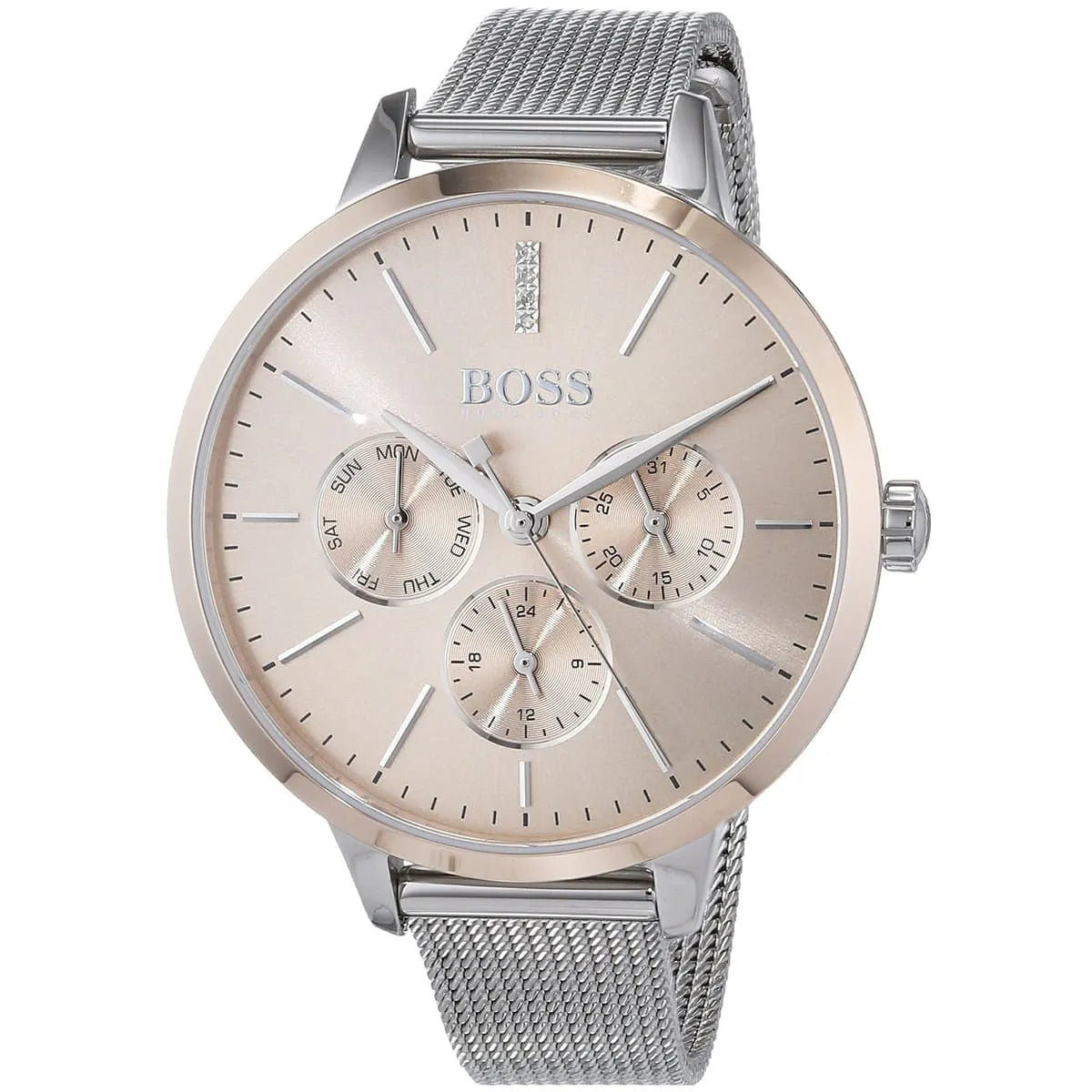 Hugo Boss Symphony watch angled view showing brown dial with chronograph subdials and mesh bracelet