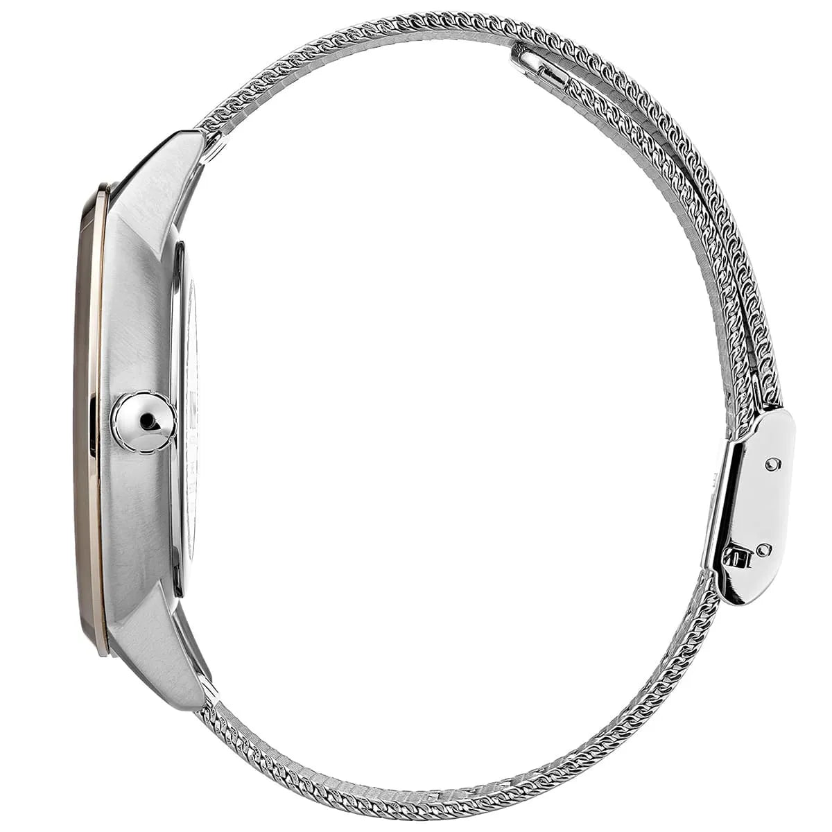 Hugo Boss Symphony women's watch side profile showing case thickness and mesh bracelet