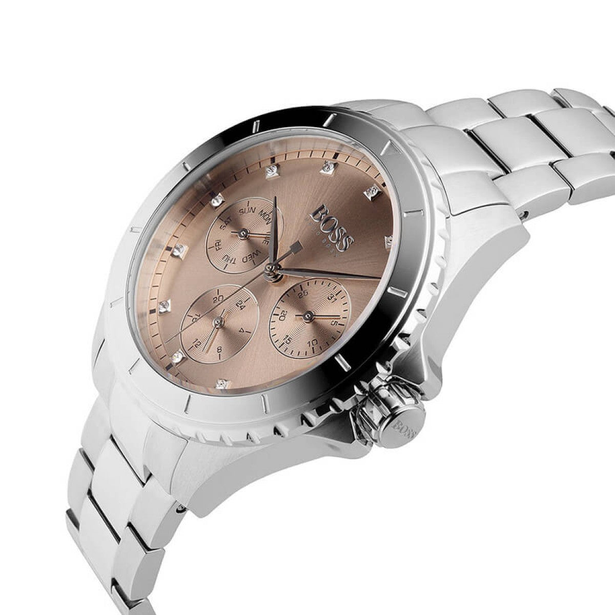 Hugo Boss Premiere watch angled view showing rose dial with crystal indices and three subdials