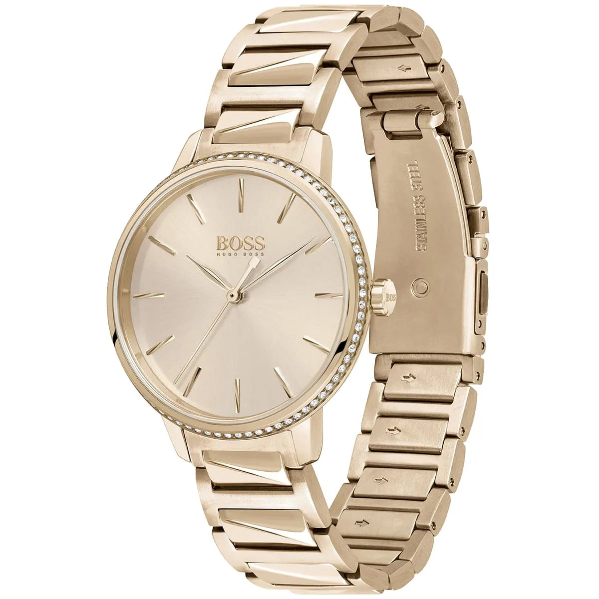 Hugo Boss Signature watch 3/4 angle view showing dial and metal bracelet